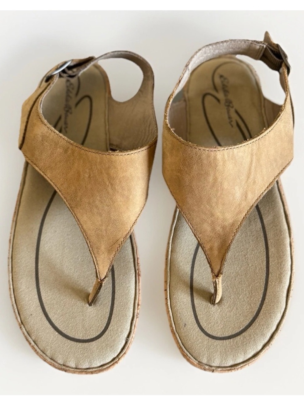 Eddie Bauer Brown Leather Thong Sandals‎ Cork Footbed Slingback EUC Women's 8